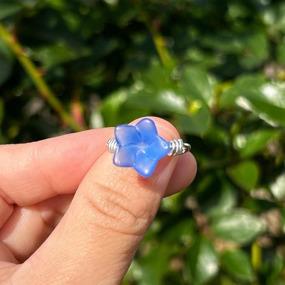 glass fairy blue ring wire wrapped floral silver dainty fairycore boho cottage